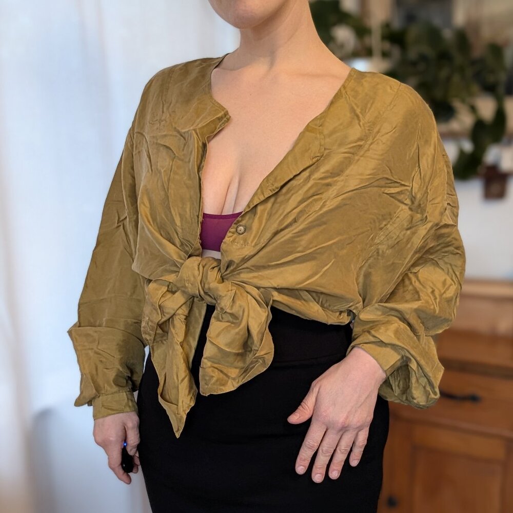 Paul et Duffier - Vintage 100% silk tunic, green-gold button-down - Large